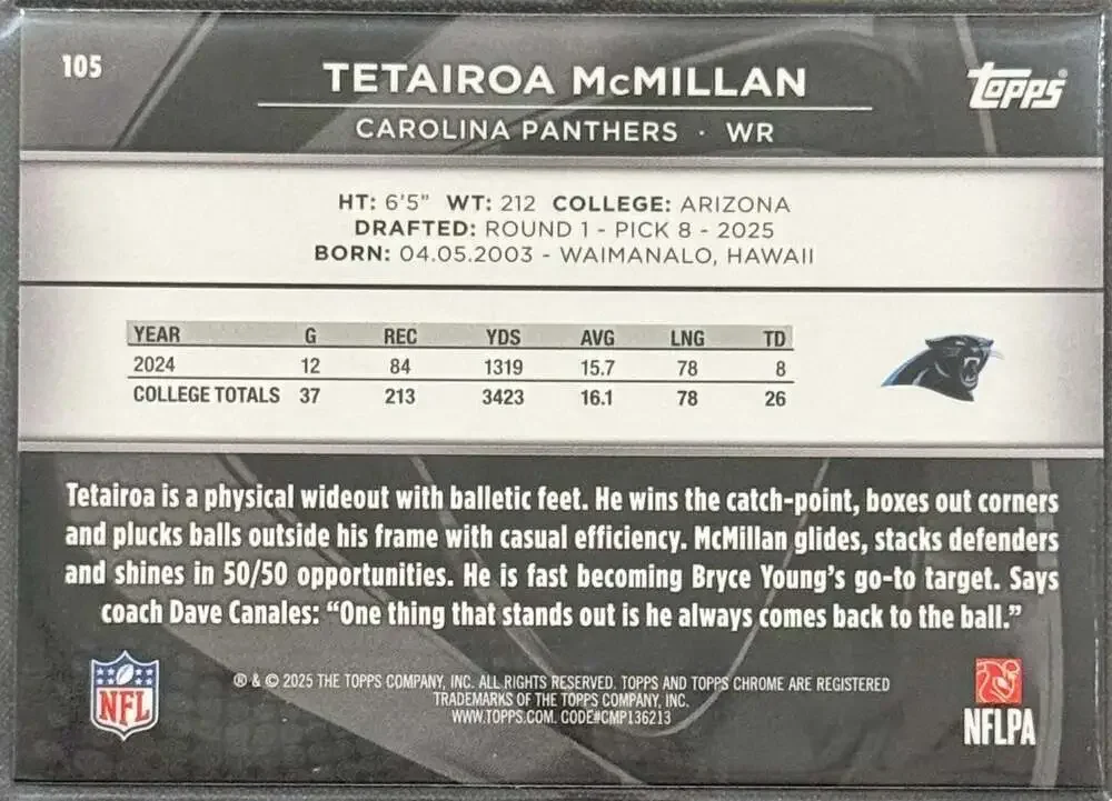 Tetairoa “Tet” McMillan 2025 Topps Chrome Black Rookie Card #105 - Picture 2 of 2